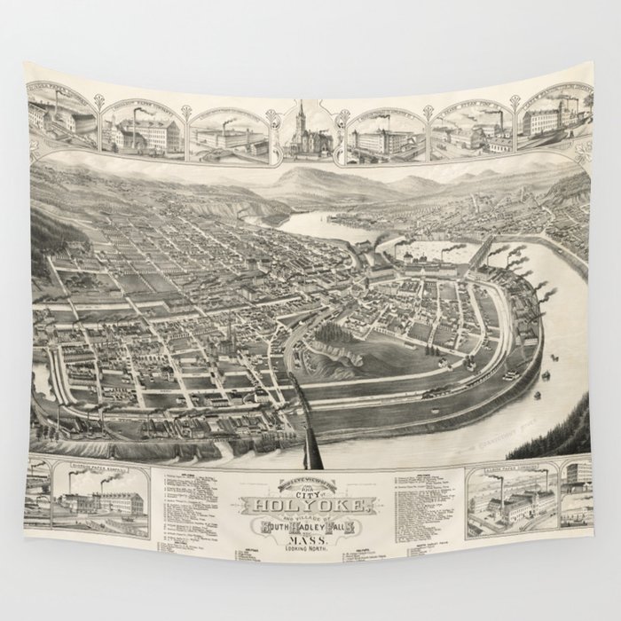 Vintage Pictorial Map of Holyoke MA (1881) Wall Tapestry by