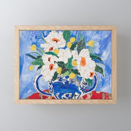Queen of California - Giant Matilija Poppy Bouquet in Lion Vase on Blue Framed Mini Art Print