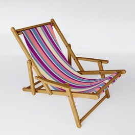 [ Thumbnail: Blue, Tan, Purple & Light Coral Colored Pattern of Stripes Sling Chair ]