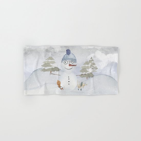 Winter Wonderland- Funny Snowman and friends - Watercolor illustration Hand & Bath Towel