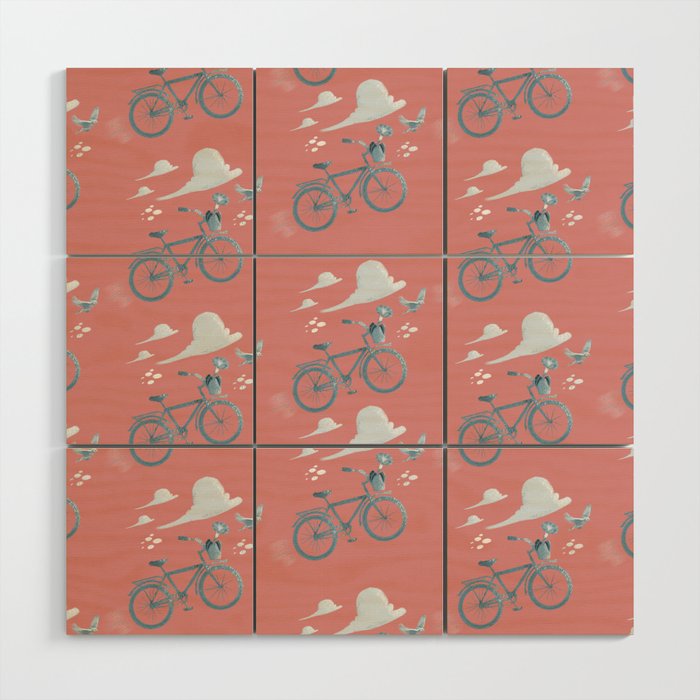 Spring Bike Peony Cyan Wood Wall Art