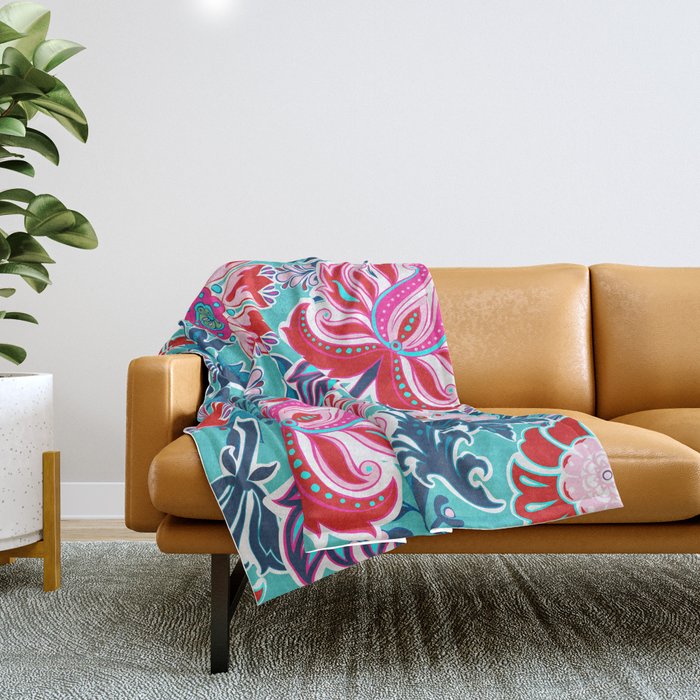 Bohemian Floral Paisley in Turquoise, Red and Pink Throw Blanket