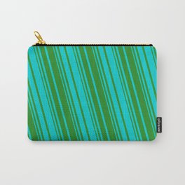 [ Thumbnail: Forest Green & Dark Turquoise Colored Striped Pattern Carry-All Pouch ]