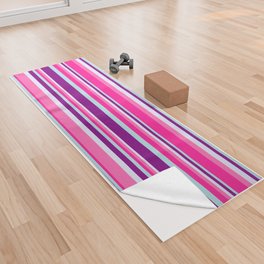 [ Thumbnail: Colorful Hot Pink, Deep Pink, Powder Blue, Purple, and Lavender Colored Lined Pattern Yoga Towel ]