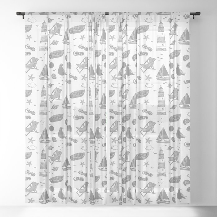Grey Summer Beach Elements Pattern Sheer Curtain