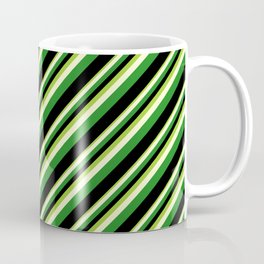 [ Thumbnail: Green, Light Yellow, Forest Green & Black Colored Stripes Pattern Coffee Mug ]