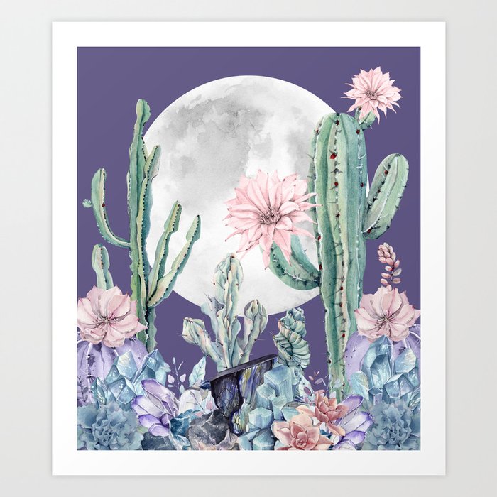 Desert Cactus Full Moon Succulent Garden on Purple Art Print