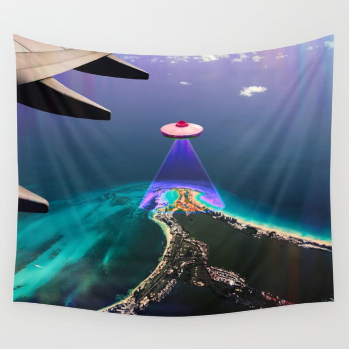 Island UFO | Aerial SciFi Spaceship Ocean Beach Photo Wall Tapestry