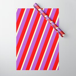 [ Thumbnail: Orchid, Red & Light Yellow Colored Lined/Striped Pattern Wrapping Paper ]