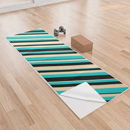 [ Thumbnail: Beige, Dark Turquoise & Black Colored Lines/Stripes Pattern Yoga Towel ]