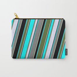 [ Thumbnail: Eyecatching Aqua, Grey, Dark Olive Green, Lavender & Black Colored Lines/Stripes Pattern Carry-All Pouch ]