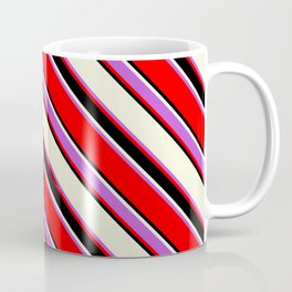 [ Thumbnail: Beige, Orchid, Red & Black Colored Striped/Lined Pattern Coffee Mug ]