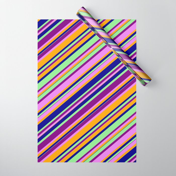 Colorful Light Green, Purple, Violet, Orange & Dark Blue Colored Lines/Stripes Pattern Wrapping Paper