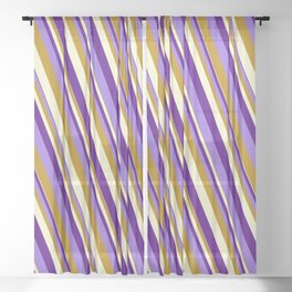 [ Thumbnail: Indigo, Purple, Dark Goldenrod & Light Yellow Colored Lined Pattern Sheer Curtain ]