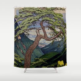 The Downwards Climbing - Summer Tree & Mountain Ukiyoe Nature Landscape in Green Shower Curtain
