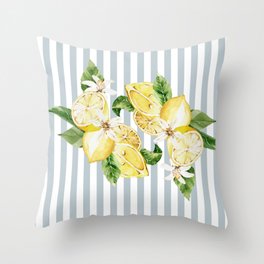 Lemon and flowers on blue stripes  Throw Pillow