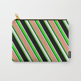 [ Thumbnail: Dark Salmon, Lime, Black & Light Cyan Colored Lines/Stripes Pattern Carry-All Pouch ]