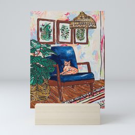 Ginger Cat on Blue Mid Century Chair Painting Mini Art Print