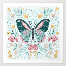 Butterfly - pink and mint, butterflies, roses, daisies, rose, daisy, butterflies Art Print