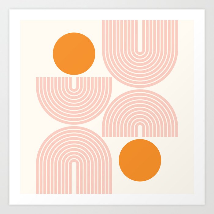Mid Century Modern Geometric 719 (Rainbow and Sun Abstract) in Coral Orange Art Print