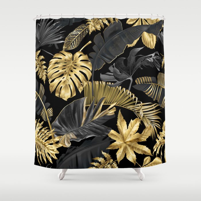 Abstract pattern with gold and black tropical leaves on dark background. Exotic botanical design, hawaiian style, luxury, golden, sparkle, glitter background Shower Curtain