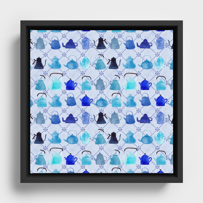 Blue Teapots Pattern Hand-painted in Watercolour/Blue Background Framed Canvas