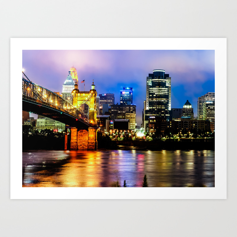 Cincinnati Ohio Skyline And The Ohio River Art Print By Gregoryballosfineart Society6