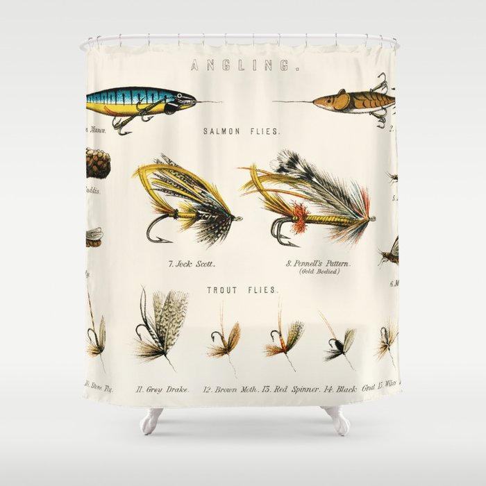 Illustrated Freshwater Fish Angling baits and fishing flies chart Shower  Curtain by Atlantic Coast Arts and Paintings