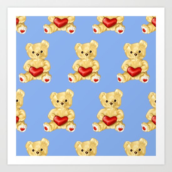 Cute Teddy Bears Blue Pattern Art Print