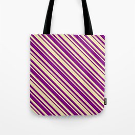 [ Thumbnail: Pale Goldenrod and Purple Colored Lined Pattern Tote Bag ]