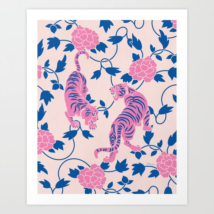Chinese Tigers, Pink, Blue Art Print