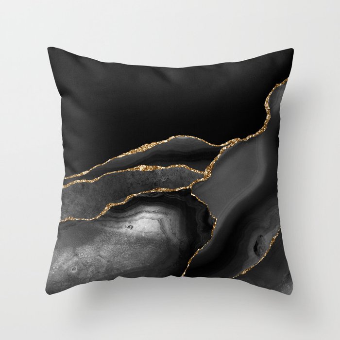 Moody Black Agate with Gold Throw Pillow