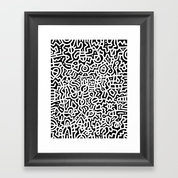 White on Black Doodles Framed Art Print