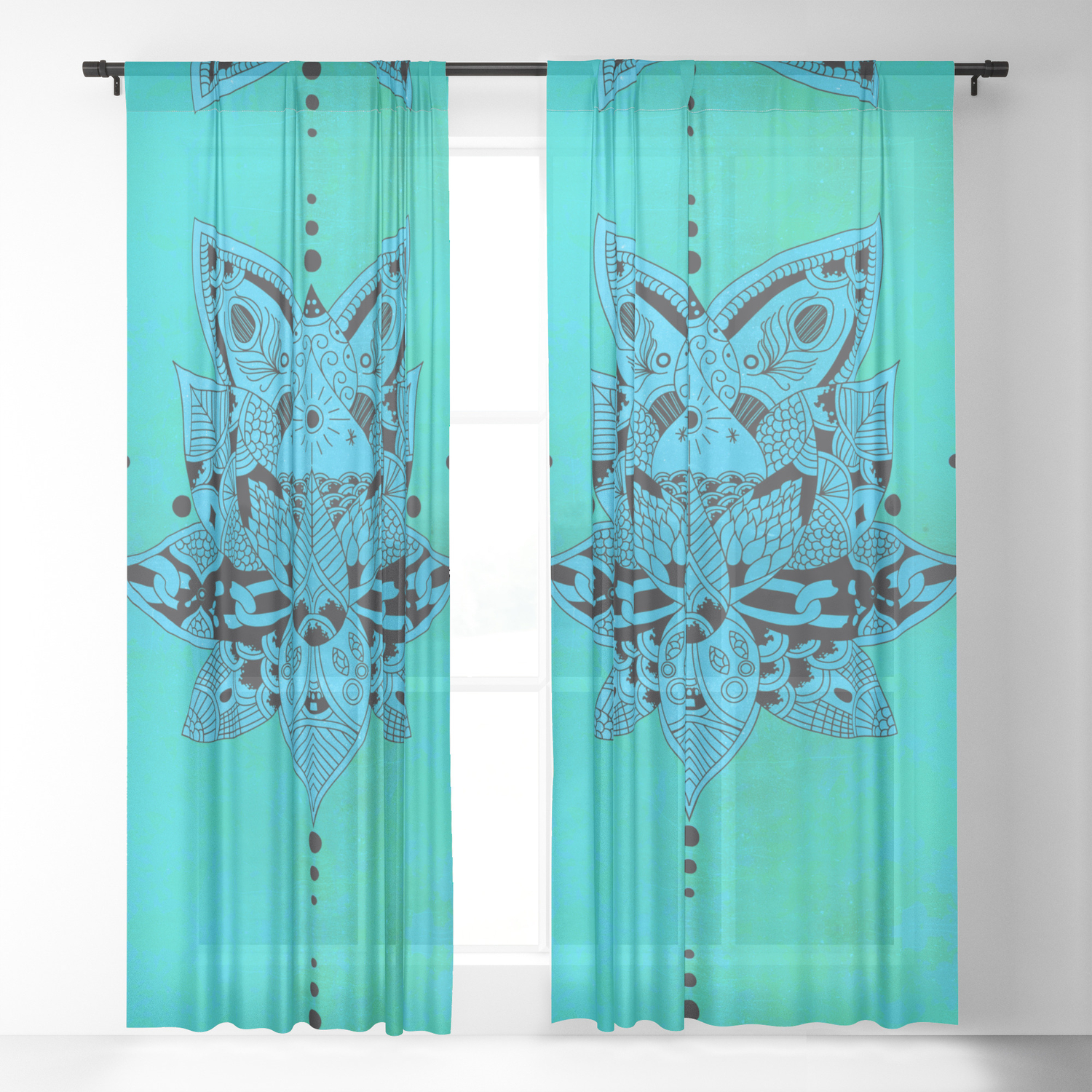 Aqua Mandala Metallic Mint Blue Sheer Curtain By Anutu Society6