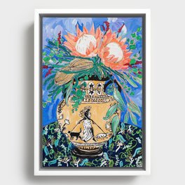 Cat Walk: Protea and Banksia Bouquet Floral Still Life with Greek Urn featuring Woman Walking Cats Framed Canvas