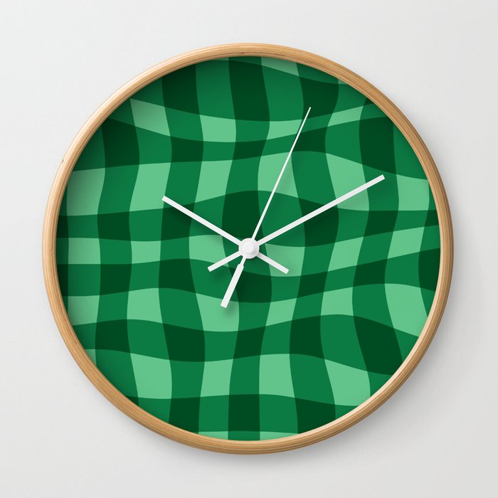 Warped Checkered Gingham Pattern (green) Wall Clock