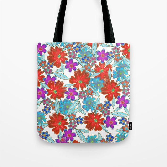 Whimsical Watercolor Teal Purple Red Gold Floral Tote Bag