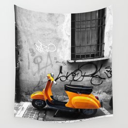 Orange Vespa in Bologna Black and White Photography Wall Tapestry