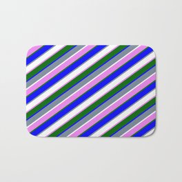 [ Thumbnail: Light Slate Gray, White, Violet, Dark Green & Blue Colored Stripes Pattern Bath Mat ]