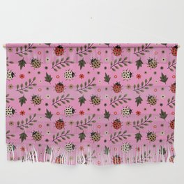 Ladybug and Floral Seamless Pattern on Pink Background Wall Hanging