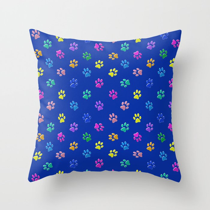 Cute colorful paws for cats and dog lovers on blue Throw Pillow
