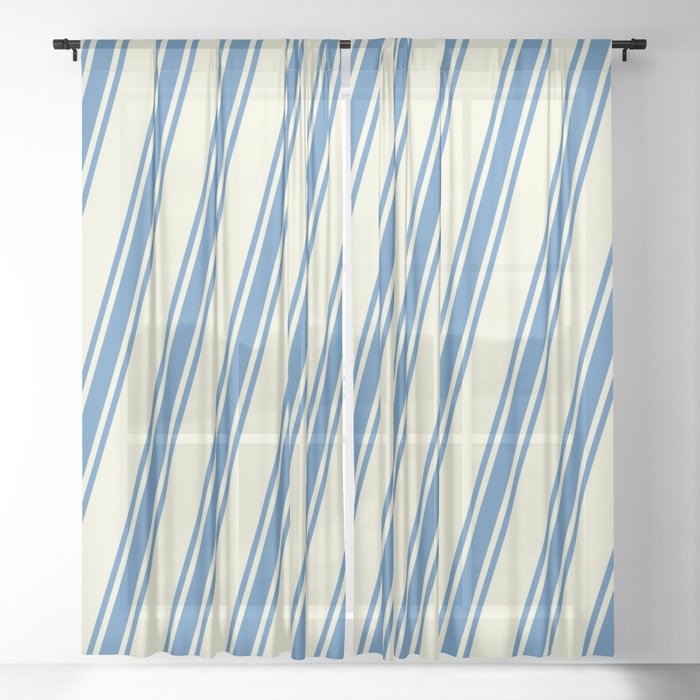 Beige and Blue Colored Pattern of Stripes Sheer Curtain