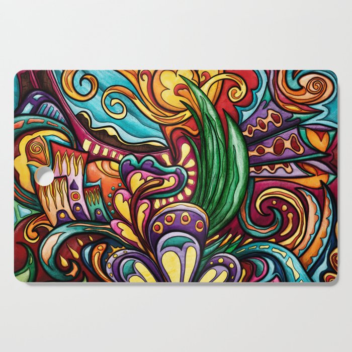 Colorful abstract landscape painting, cheerful hippie town art Cutting Board