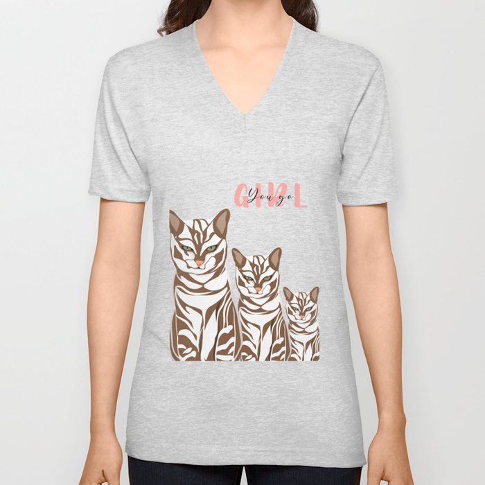 Cool cat and motivation quote for girl/cat family/ girl you go/ quote for girl/ green eyes cat/ three cats  V Neck T Shirt
