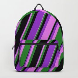 [ Thumbnail: Dark Orchid, Violet, Forest Green, and Black Colored Lines Pattern Backpack ]