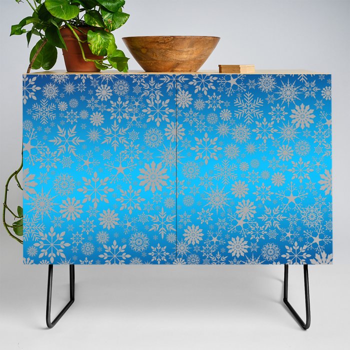 Blue and White Snowflakes Pattern Design Credenza