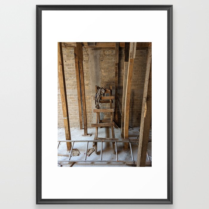 Falsework with wood ladder and gray rag in construction site Framed Art Print