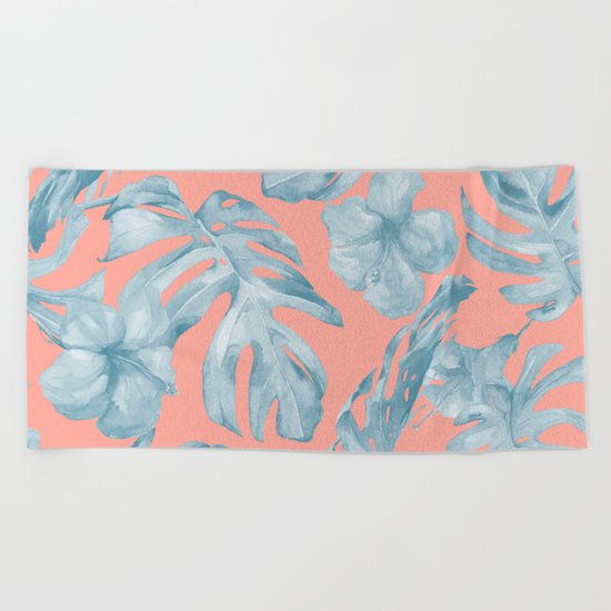 Island Life Pale Teal Blue on Coral Pink Beach Towel