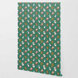 Christmas Characters Seamless Pattern on Green Background Wallpaper