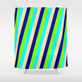 [ Thumbnail: Green, Cyan, Tan & Dark Blue Colored Stripes Pattern Shower Curtain ]